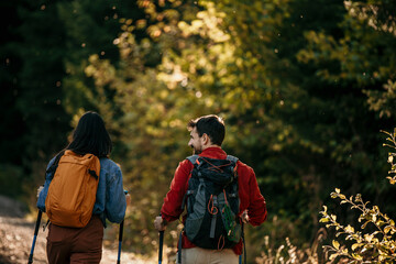 Rear view of a couple in matching hiking attire, backpacks, and sturdy boots, enjoys a scenic hike amidst towering trees and fresh mountain air