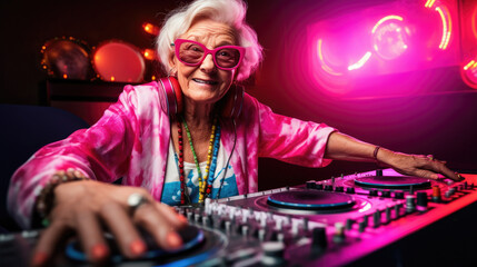 Obraz na płótnie Canvas Amazing grandma DJ, older lady djing and partying in a disco setting