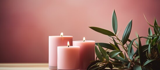 Handcrafted vegan candle in various forms pink color on a minimalistic background with natural materials Close up photo with whitespace area - obrazy, fototapety, plakaty