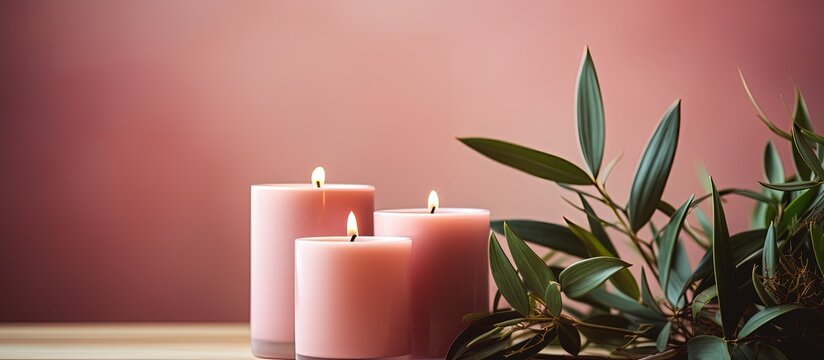 Handcrafted vegan candle in various forms pink color on a minimalistic background with natural materials Close up photo with whitespace area