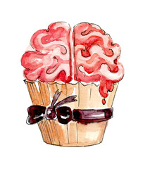 Scary food for Halloween. Cupcake in the shape of a brain in an orange paper mold with a purple bow. Hand drawn watercolor illustration on a white background for your design
