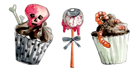 Deurstickers Scary food. A set of cupcakes in shape and earth with worms and skull figures in cups with bows and polka dots and a lollipop in the form of an eye with streaks of blood.Hand drawn watercolor painting © Tatyana