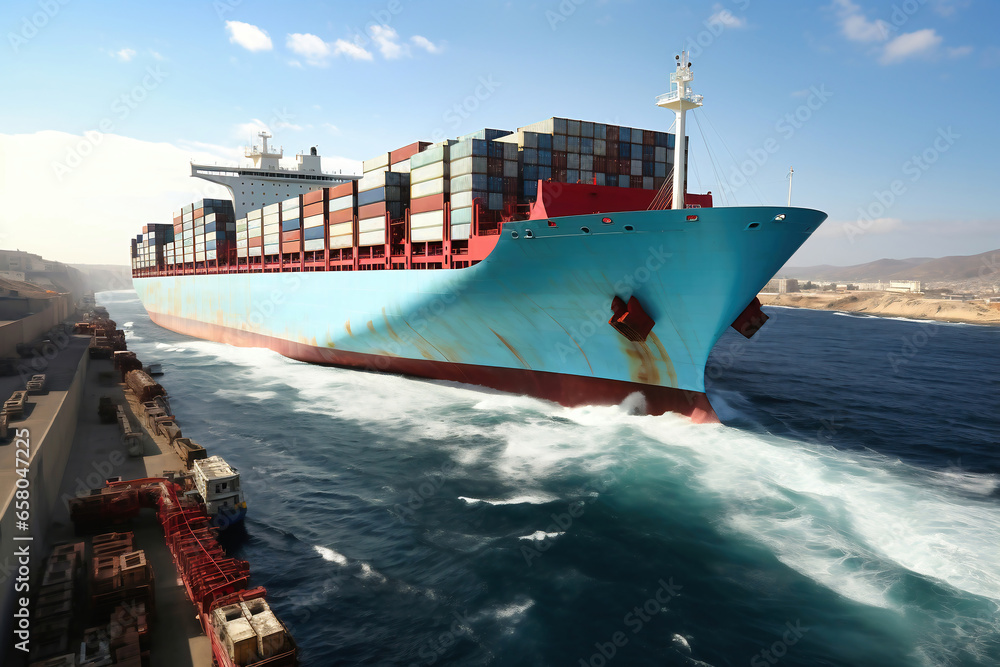 Wall mural global business logistics of import-export cargo. cargo ship with sea containers on board in the por