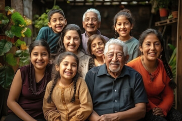 Big Mexican family together. Family photo of joyful old people, children and grandchildren. Children and grandchildren visit elderly parents. Family traditions and values. Caring for the elderly. - Powered by Adobe