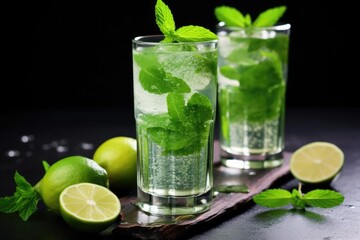 mojito with fresh mint leaves in crystal glass