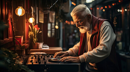 Mature man playing music on a turntable against a pub lighting