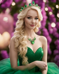 Fototapeta premium Cute Beautiful princes woman smiling Face green frock bright clothes natural background photography