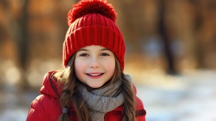 Cute little girl in pink hat and scarf on beautiful autumn day