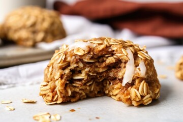 Fototapeta premium close up of a half-eaten oatmeal cookie on a napkin