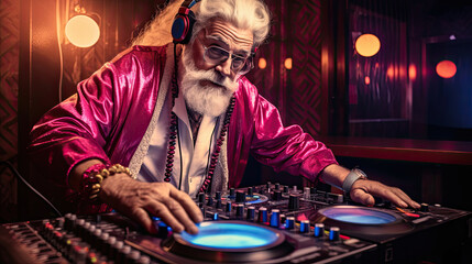Fototapeta na wymiar Funny grandpa is a dj. Authentic mature man in cool outfit working at turntables in a nightclub, rocking the party up