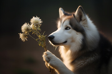 Generative AI Image of Siberian Husky Dog Holding White Flower on Dark Background