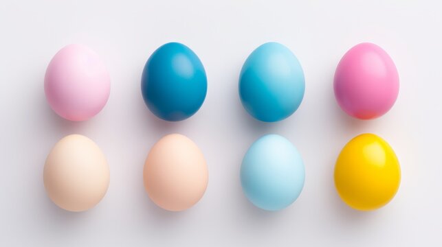 Generative AI Dyed Easter eggs. Beautiful multicolored blue, pink, turquoise and yellow eggs lie in a row on a minimalistic white background. Top view. Pleasant pastel colors.