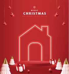 Merry Christmas banner home icon with neon flex and product display cylindrical shape