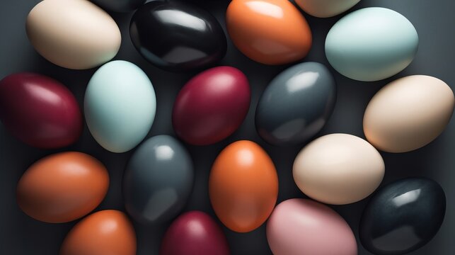 Generative AI Dyed Easter eggs. Beautiful multicolored red, orange, blue, pink, turquoise and yellow eggs on a minimalist dark background. Top view.