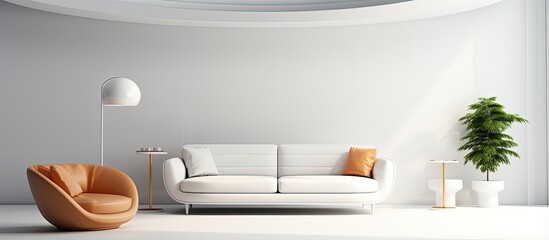 Modern white walled living room with a circular ceiling depicted in 3D