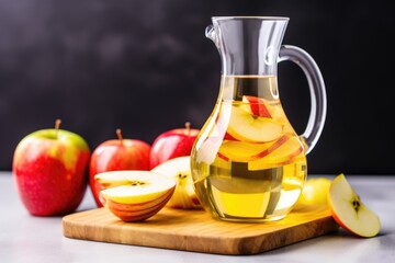 glass carafe filled with apple cider having apple slices