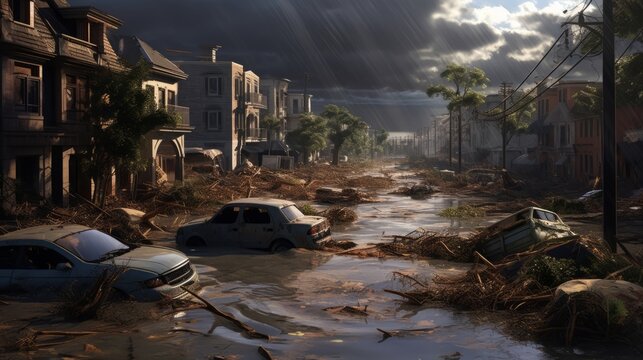 Generative AI Flood Insurance concept image. Impact of climate change. Dirty cars with broken windows in the middle of the city streets. Consequences after heavy rainfall flooding. - Powered by Adobe