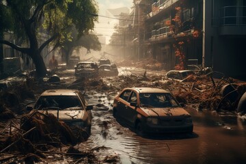 Generative AI Flood Insurance concept image. Impact of climate change. Dirty cars with broken windows in the middle of the city streets. Consequences after heavy rainfall flooding.