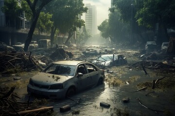 Generative AI Flood Insurance concept image. Impact of climate change. Dirty cars with broken windows in the middle of the city streets. Consequences after heavy rainfall flooding.