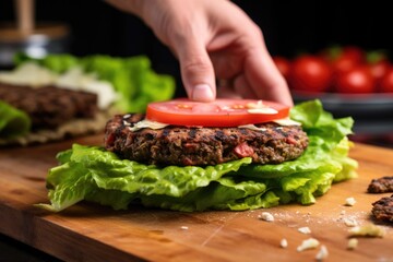hand placing lettuce on grilled burger patty - obrazy, fototapety, plakaty