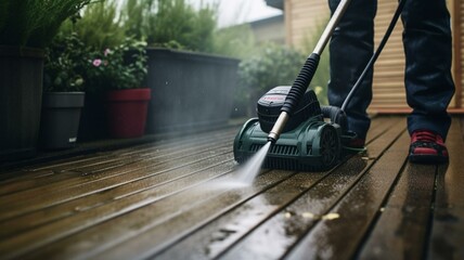 Person using pressure hose on decking