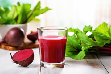 beet juice glass on kitchen counter with fresh beets