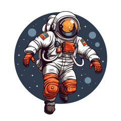 Illustration of an astronaut, space in a circle behind him, isolated or white background