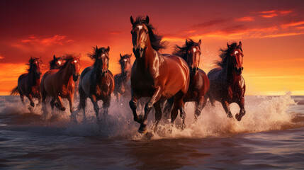 horses run through the ocean at sunset, dark crimson