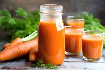 carrot juice in a glass jug surrounded by whole carrots