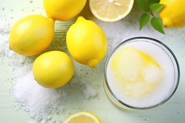 top-down shot of lemons, sugar, and a glass filled with lemonade