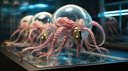 A Collection of One-of-a-Kind Creature Designs in a Futuristic Theater Stage Bathed In Neon Lights Hologram