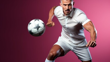 Competitive athlete performing soccer moves on color background. An active, happy young adult playing soccer.