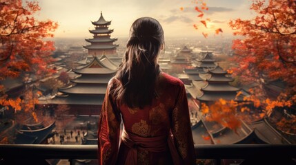 A young woman stands in front of a Chinese building