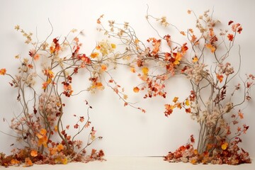 Fall-themed backdrop with old-fashioned colored blossoms and foliage against a white backdrop. Generative AI