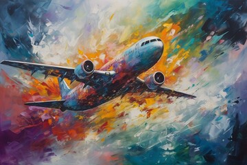 Colorful abstract painting of a modern airplane flying through a storm front. Generative AI