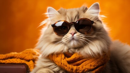 A cute kitten with glasses and playful expression looking at camera. - obrazy, fototapety, plakaty