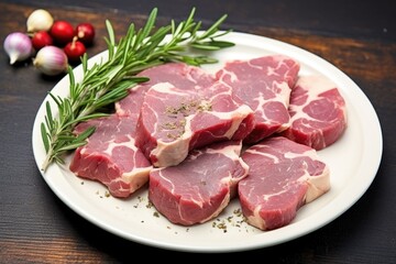 Fototapeta premium raw lamb cutlets on a plate, coated with a garlic and rosemary mix