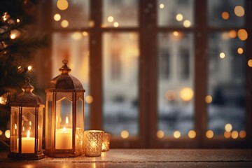 Atmospheric Christmas Ambiance: Candlelight and Blurred Bay Window - obrazy, fototapety, plakaty