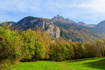 Scenic autumn view of picturesque Swiss Alps in Switzerland