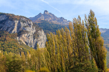 Scenic autumn view of picturesque Swiss Alps in Switzerland