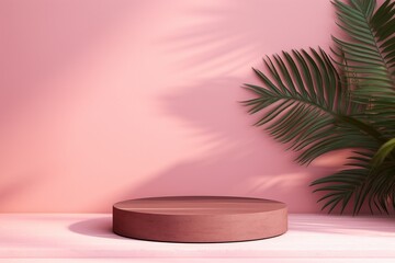 Obraz premium Tropical Leaves Podium on Wooden Floor: Original Design Template