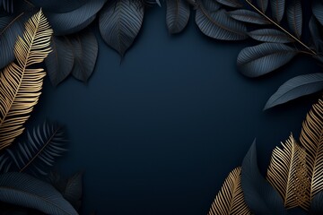 Luxurious Dark Blue 3D Textured Background Frame with Golden and Blue Tropical Leaves