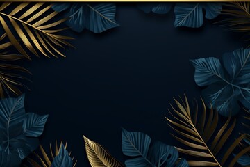 Luxurious Dark Blue 3D Textured Background Frame with Golden and Blue Tropical Leaves
