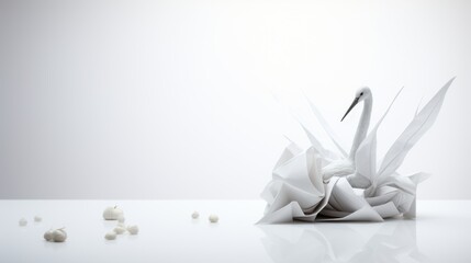 A white origami swan on a white background with white balls. The swan is made of folded paper and has a long neck and a beak. The balls are small and round. The background is white and fades to gray