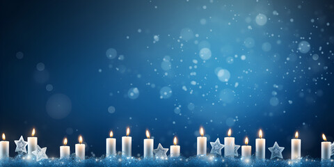 Blue Hanukkah wallpaper with candles, copy space background 