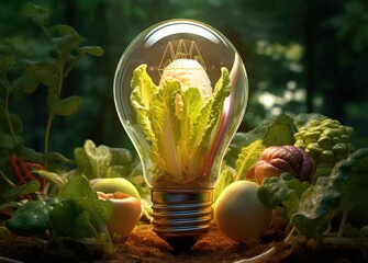 Light bulb with full of fruits and vegetable in the dark background.