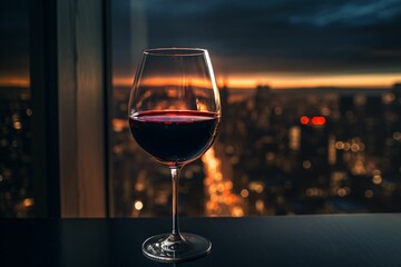 a glass of red wine elegantly poised on a windowsill, the cityscape lights twinkling through the rich, dark liquid