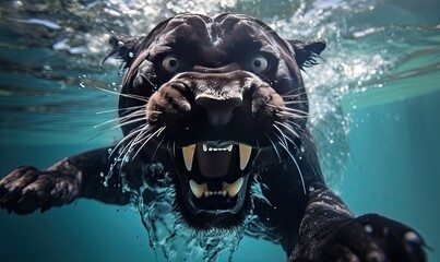 The sight of the black panther's wet fur as it bounded into the water was a true display of strength and grace. - obrazy, fototapety, plakaty