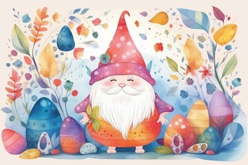 Colorful Easter gnome and eggs illustration. Happy Easter postcard design. Generative AI