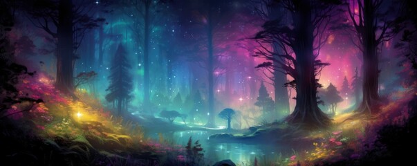 Fantasy landscape, magical night, fairy tale forest. Digital art, ai artwork, background or wallpaper, Generative AI
